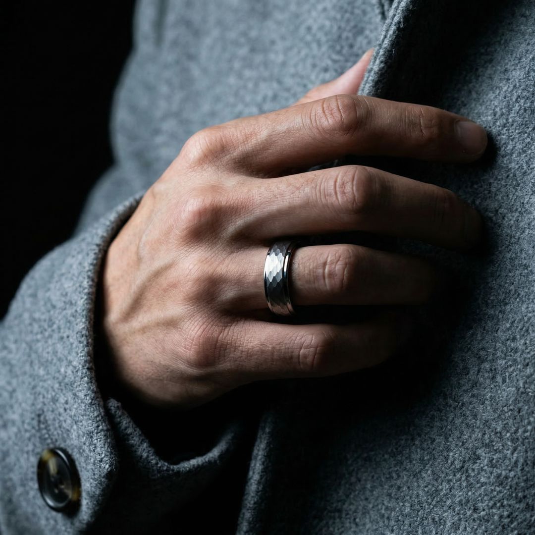Tungsten 7mm Ring Hammered Silver with Comfort fit band - Tungsten Titans
