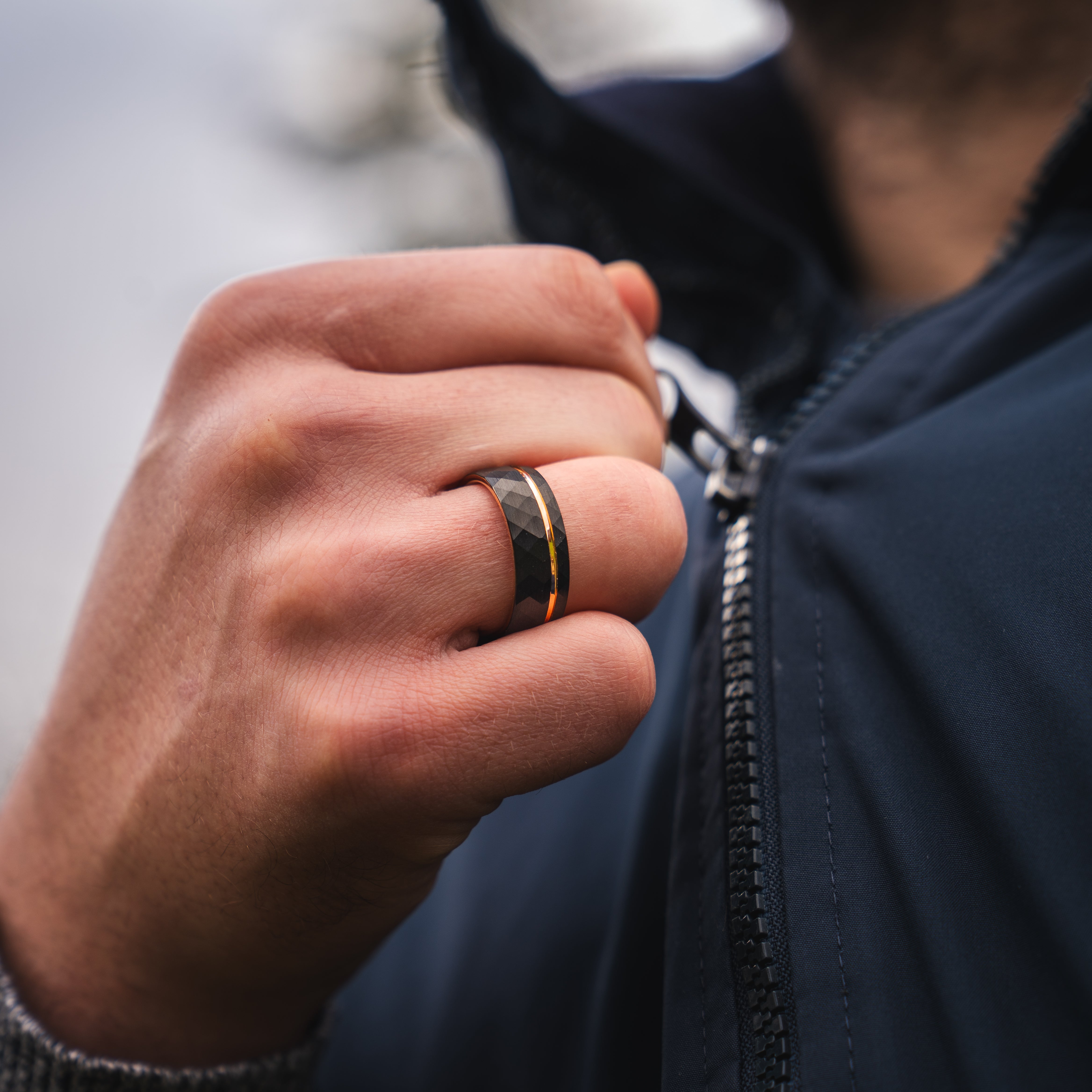 Hammered 8mm Black Tungsten Ring with Rose Gold Accent - Tungsten Titans