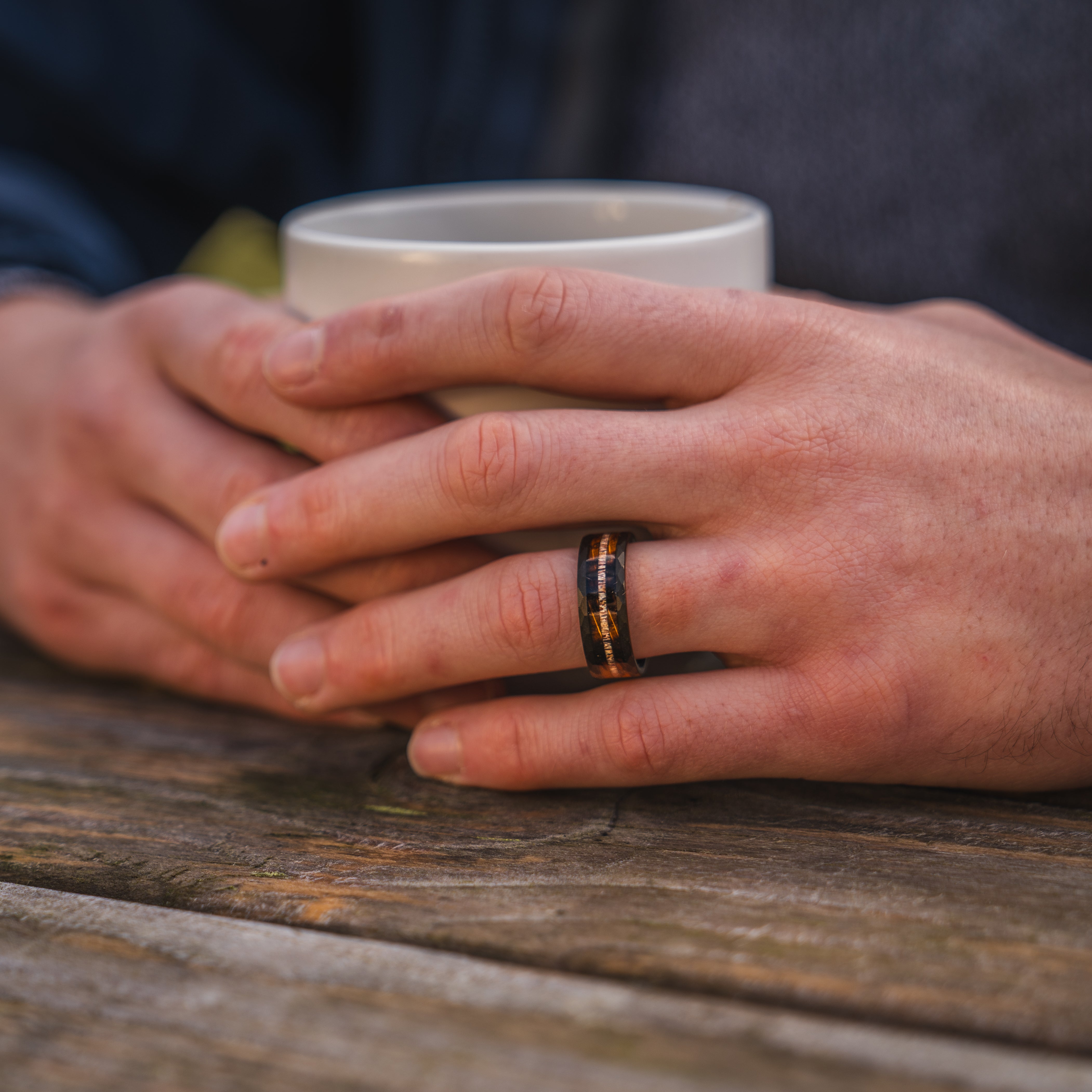 Tungsten 8mm Hammered Ring with Antler and Whiskey Barrel - Tungsten Titans