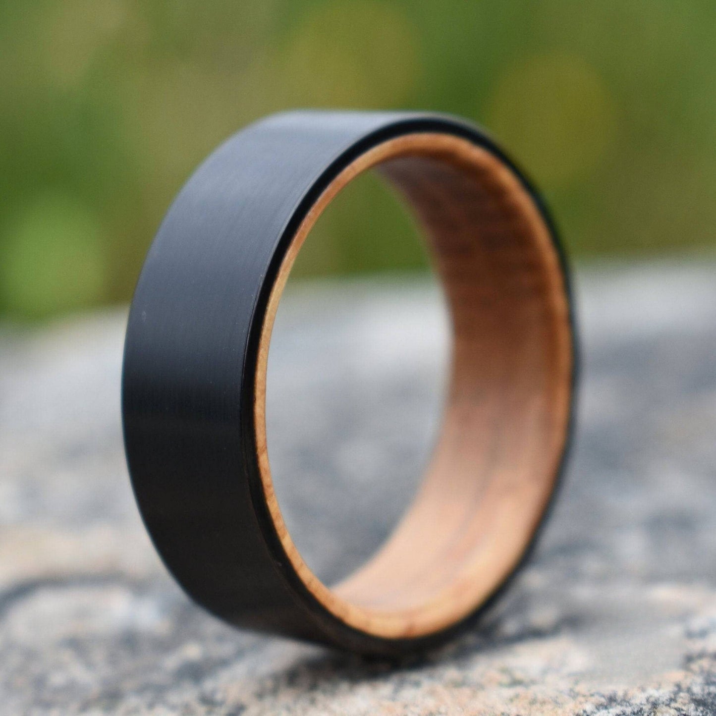 Black 8mm Tungsten with Whiskey Barrel Inner Band