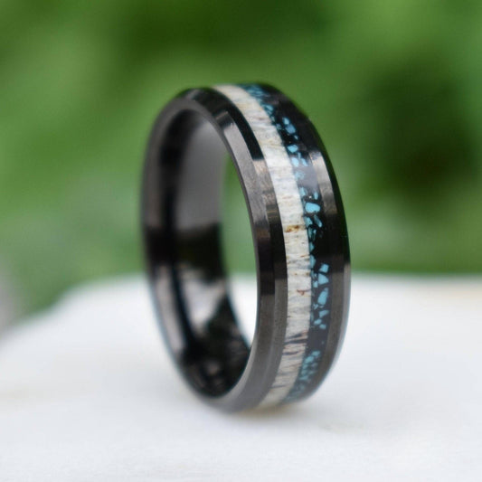 Tungsten 8mm Ring Black with Deer Antler and Crushed Turquoise