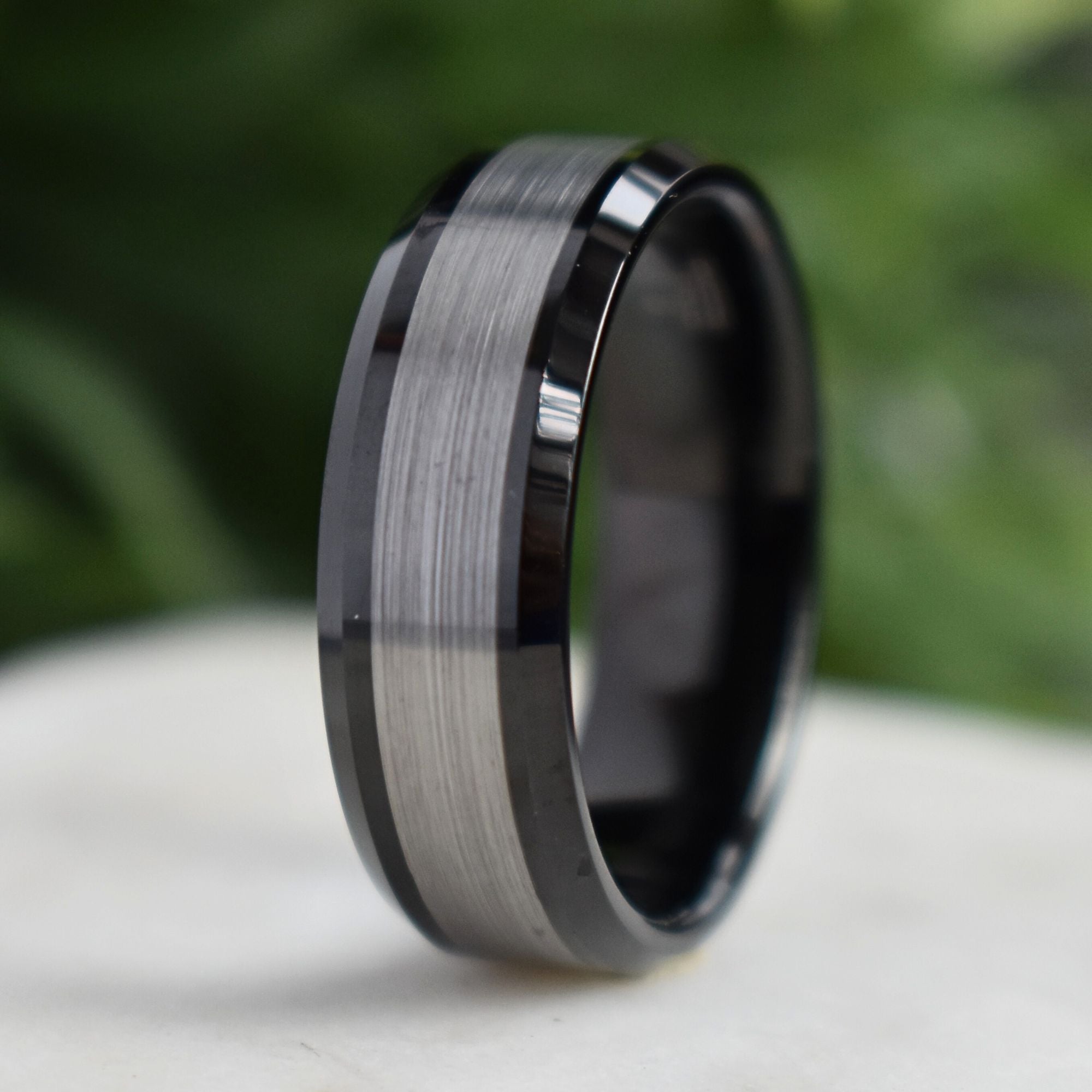 Tungsten 8mm Ring Black with Brushed Silver Center - Tungsten Titans