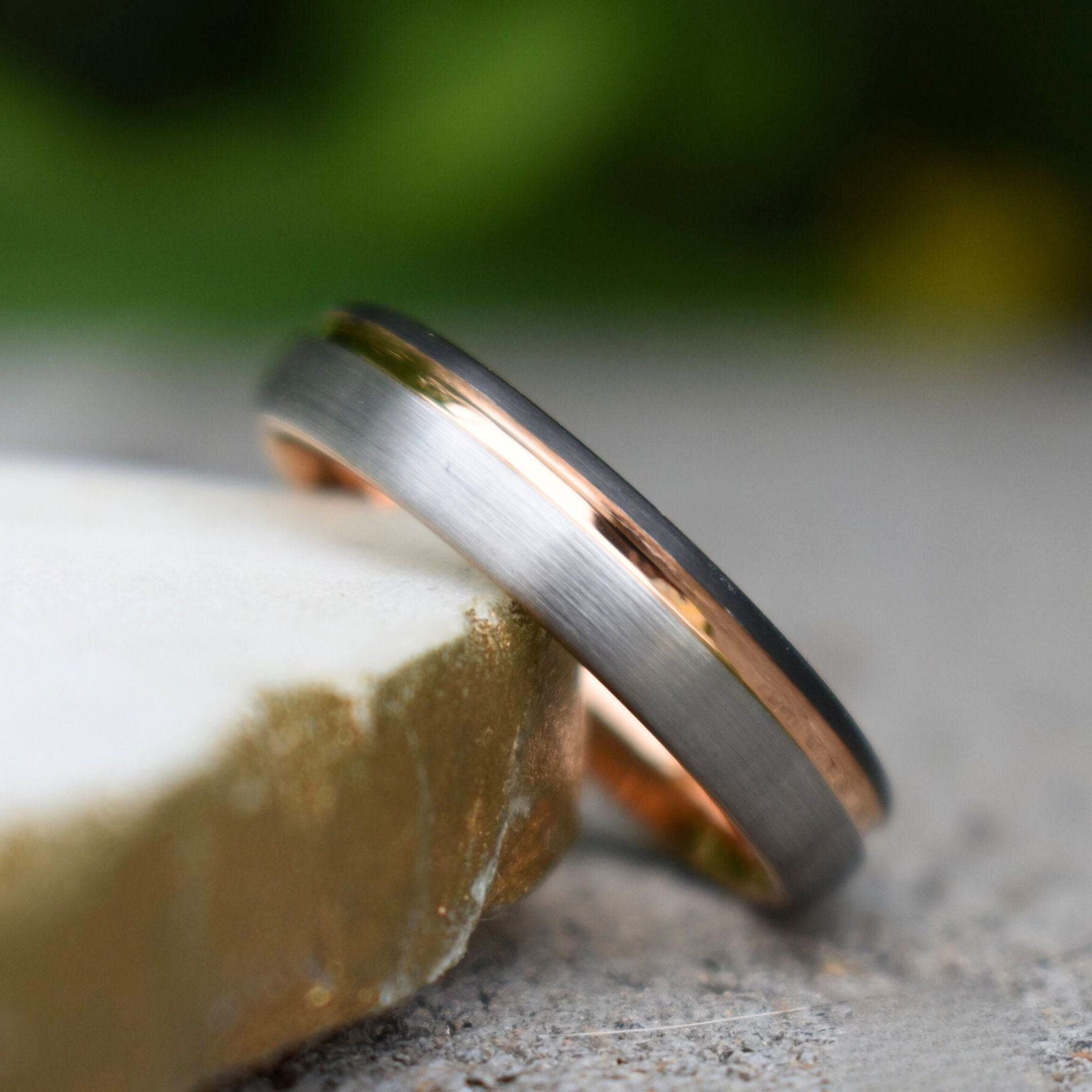 Domed 5mm Tungsten Ring Black and Silver Brushed with Rose Gold Accent - Tungsten Titans