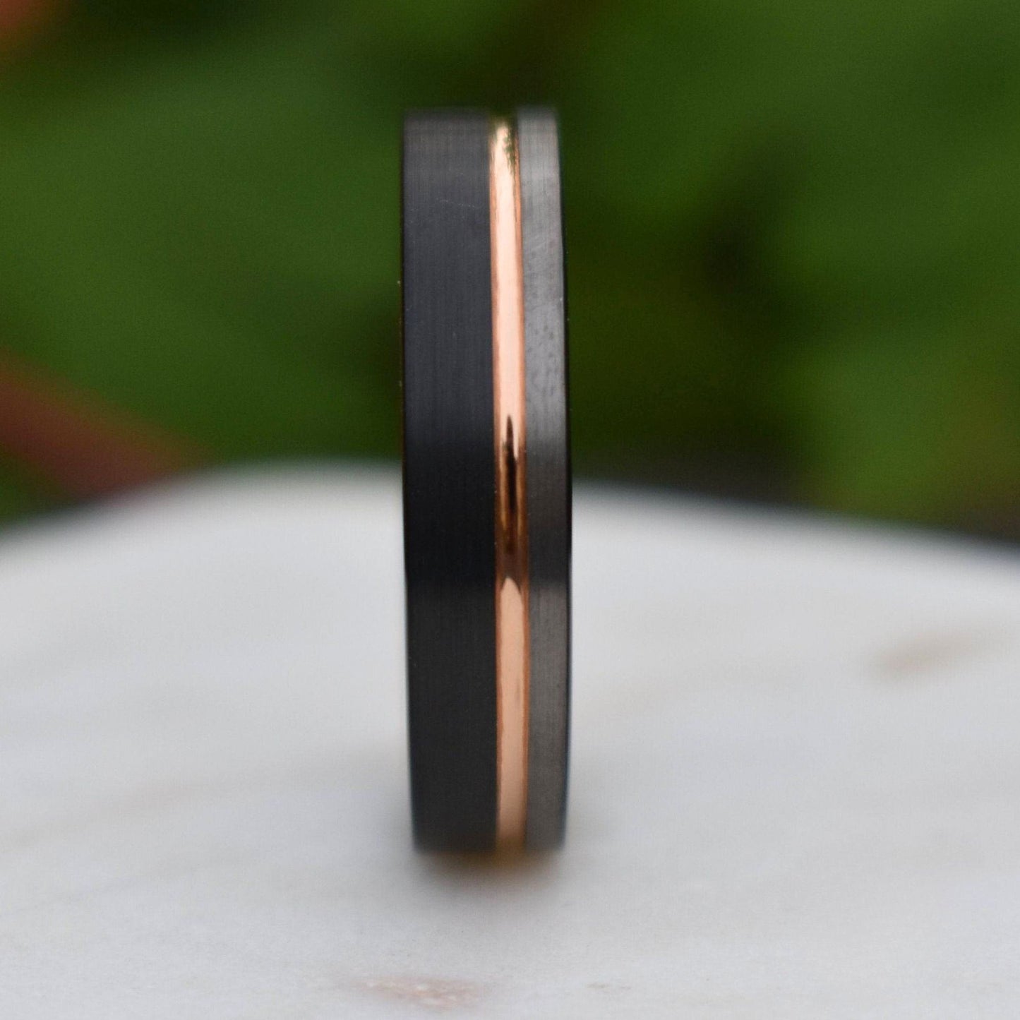 Tungsten 6mm Ring Black and Silver Brushed with Rose Gold Accent