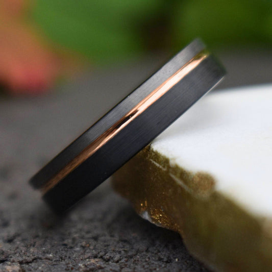 Tungsten 6mm Ring Black and Silver Brushed with Rose Gold Accent - Tungsten Titans