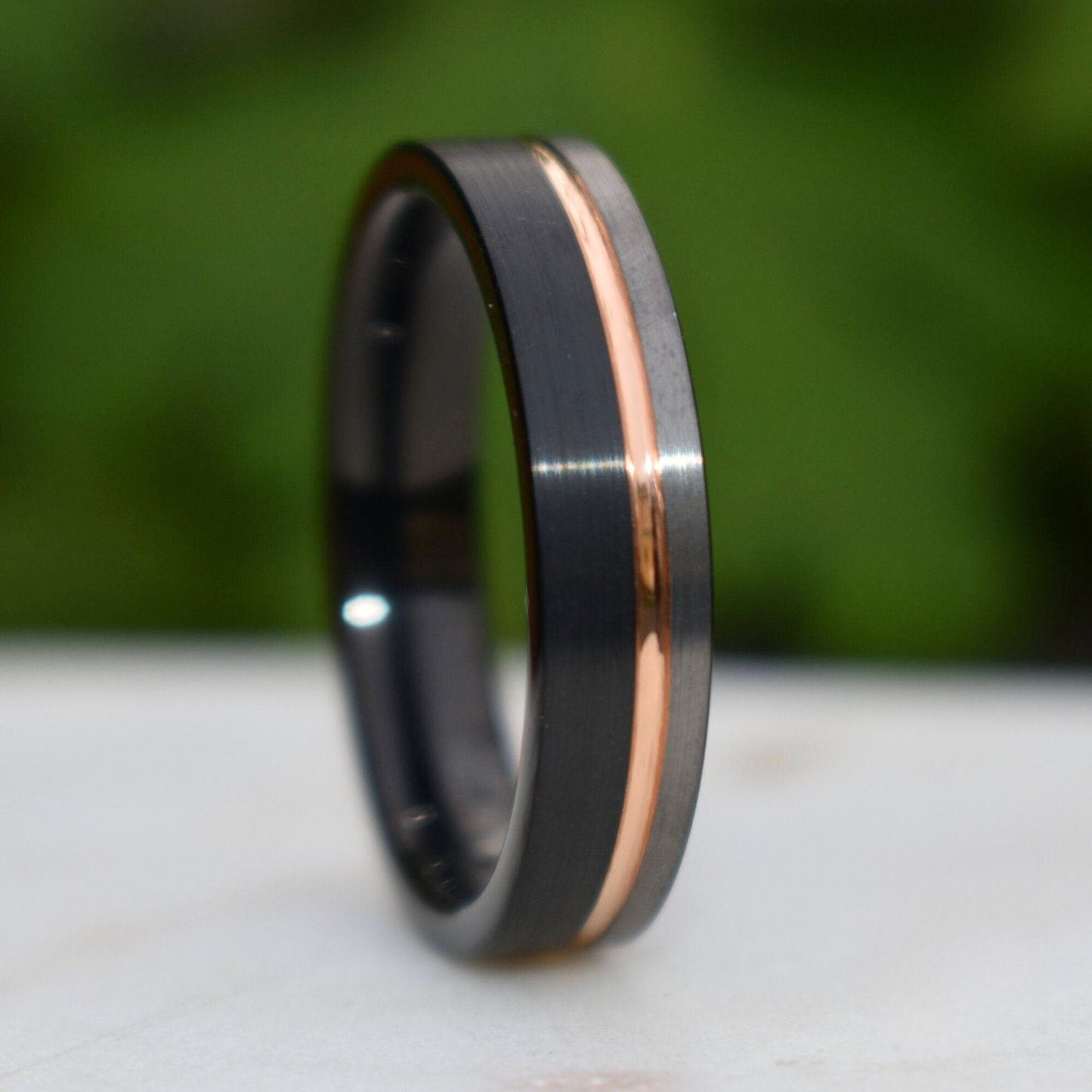 Tungsten 6mm Ring Black and Silver Brushed with Rose Gold Accent