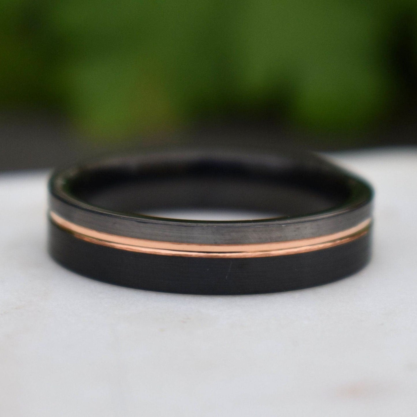 Tungsten 6mm Ring Black and Silver Brushed with Rose Gold Accent