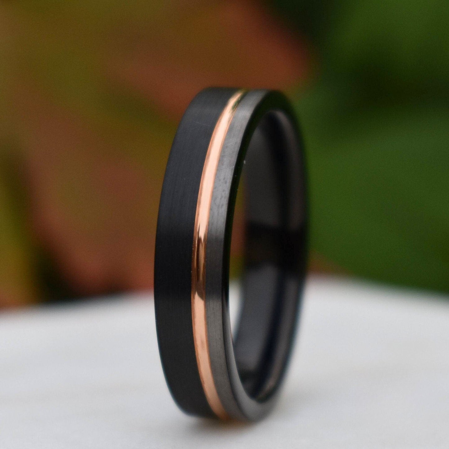 Tungsten 6mm Ring Black and Silver Brushed with Rose Gold Accent