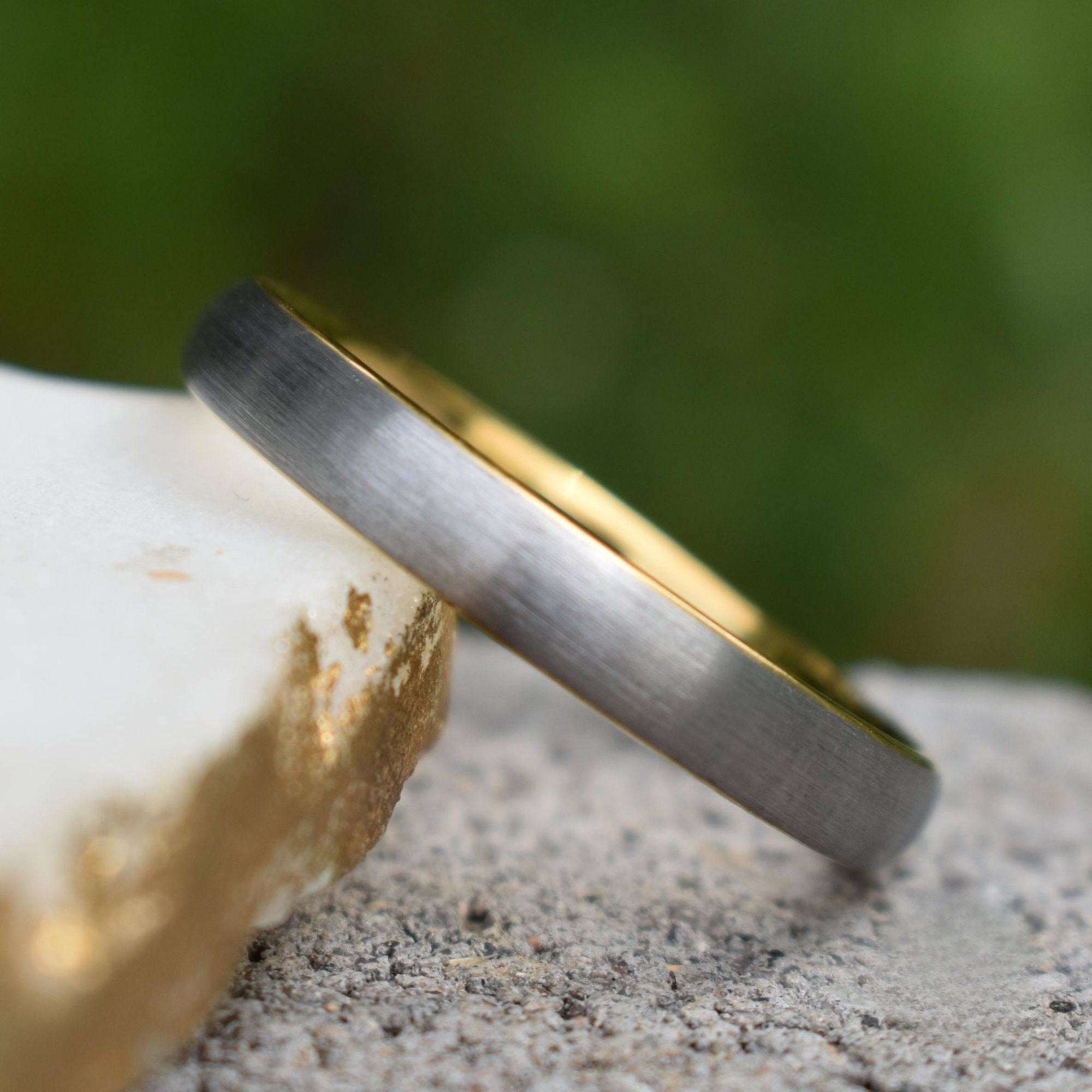 Tungsten Ring 4mm Brushed Silver with Yellow Gold Comfort fit band - Tungsten Titans