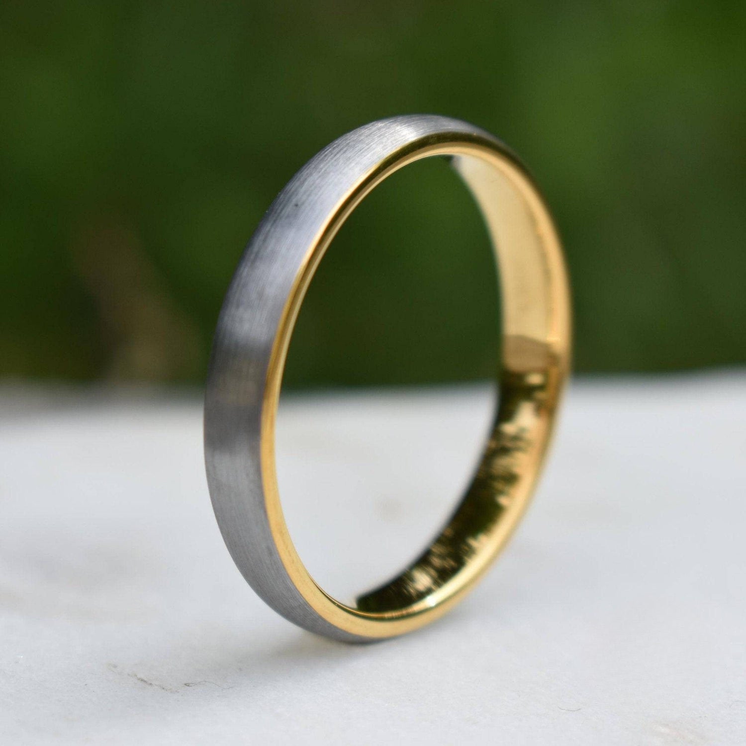 Tungsten Ring 4mm Brushed Silver with Yellow Gold Comfort fit band - Tungsten Titans