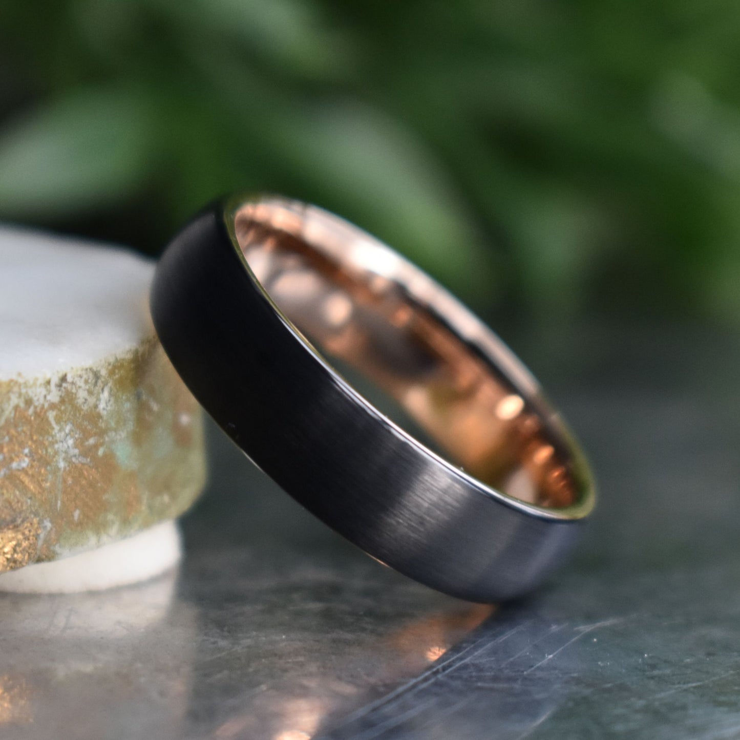 Black Brushed Tungsten 6mm Ring with Rose Gold Band