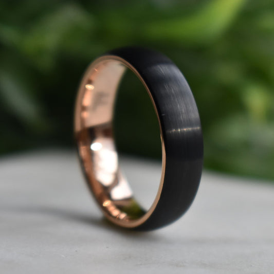 Black Brushed Tungsten 6mm Ring with Rose Gold Band