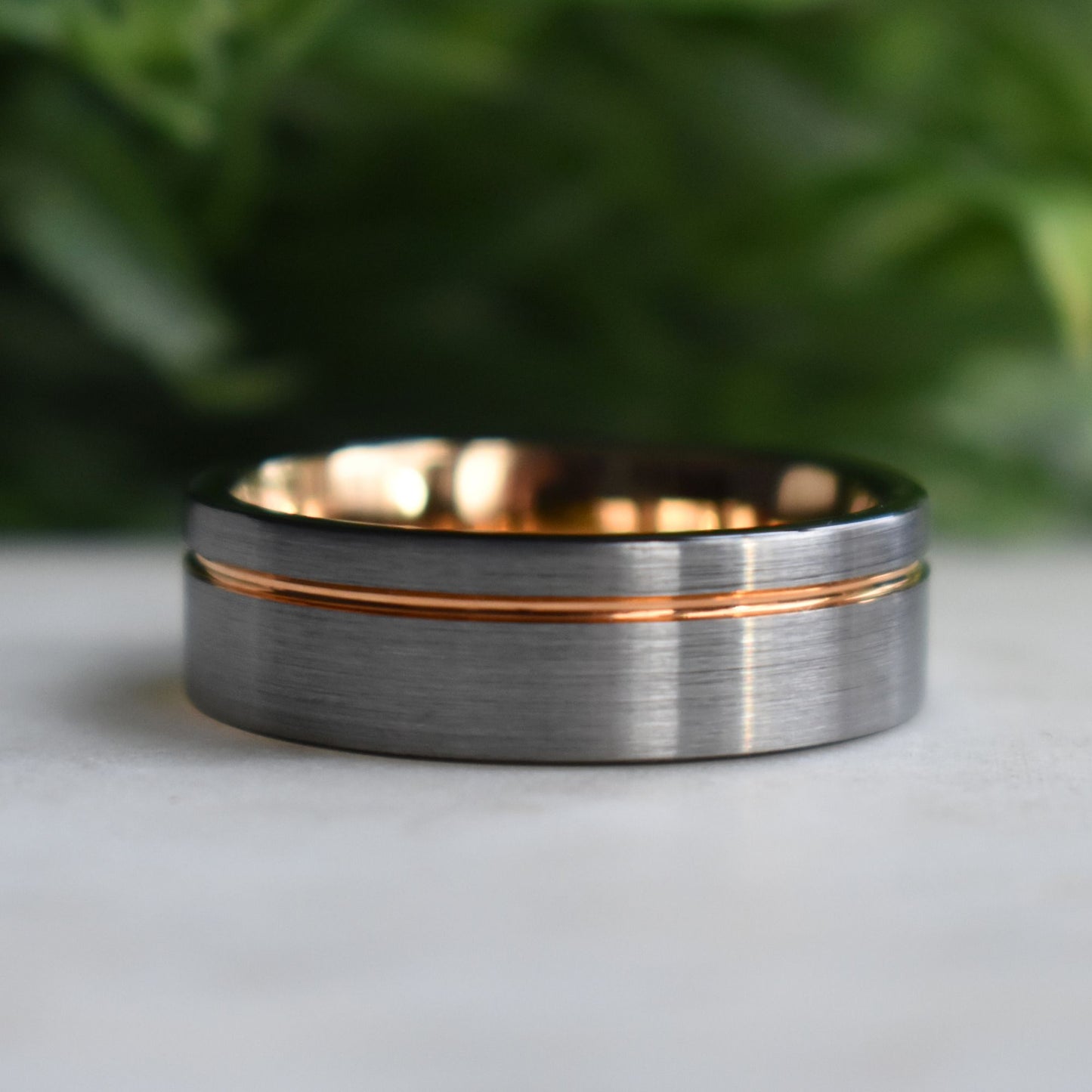 Tungsten Ring 8mm Brushed Silver with Rose Gold Stripe and Black Sides