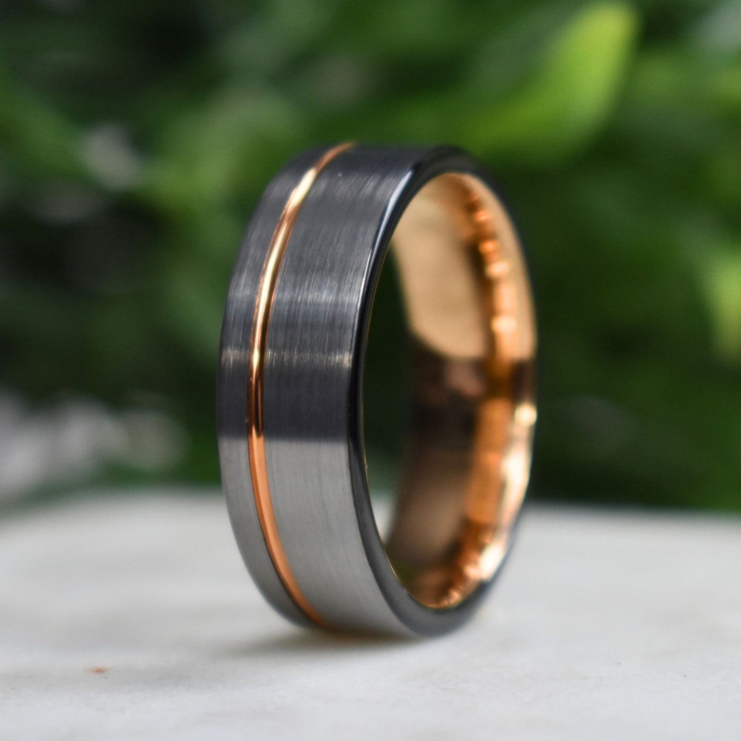 Tungsten Ring 8mm Brushed Silver with Rose Gold Stripe and Black Sides