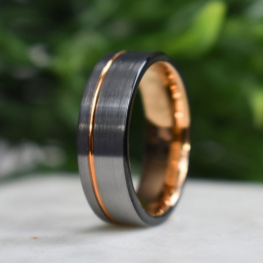 Tungsten Ring 8mm Brushed Silver with Rose Gold Stripe and Black Sides - Tungsten Titans