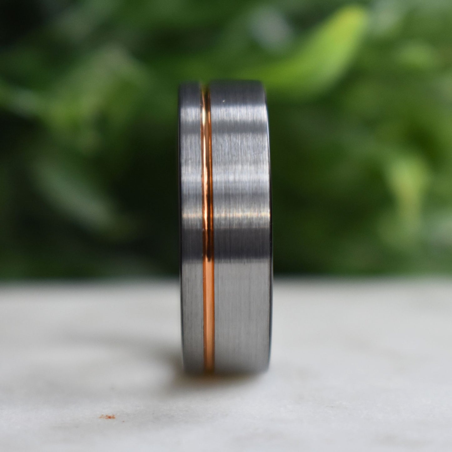 Tungsten Ring 8mm Brushed Silver with Rose Gold Stripe and Black Sides