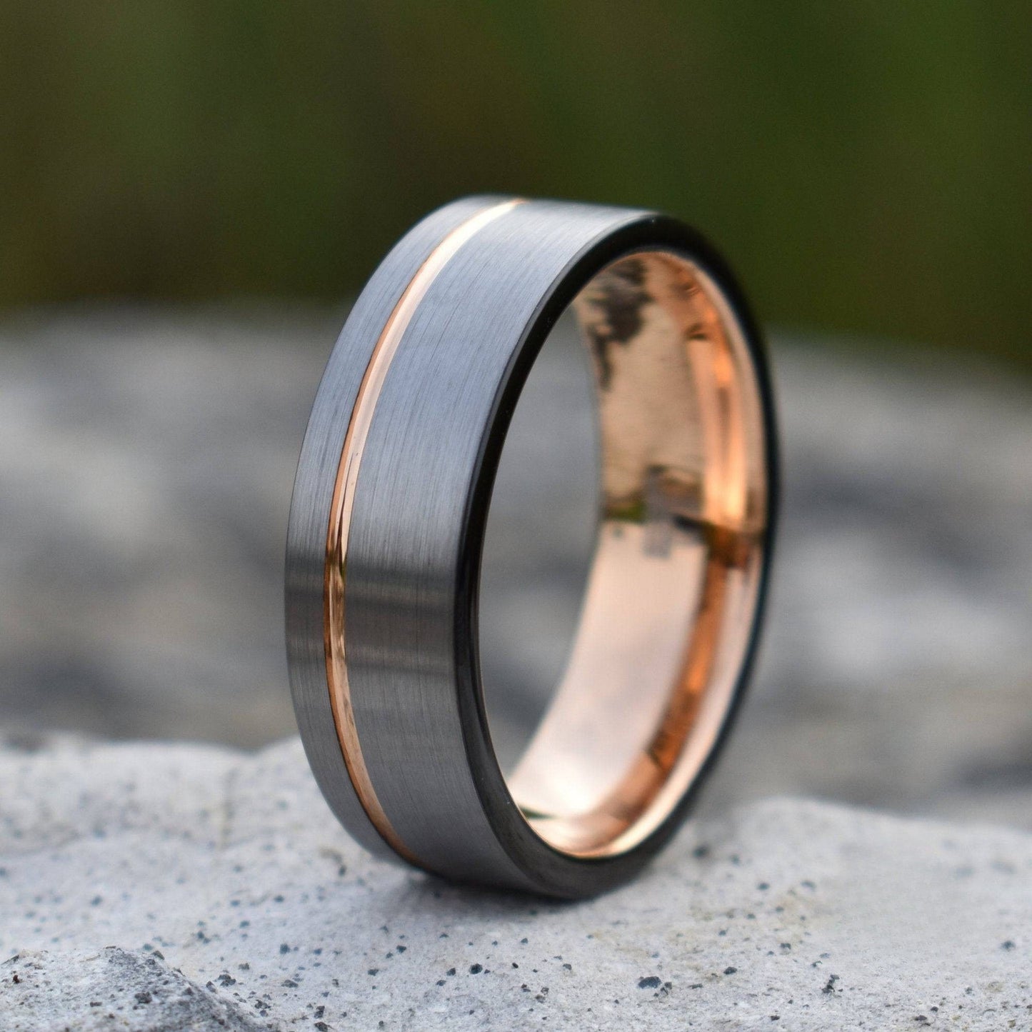 Tungsten Ring 8mm Brushed Silver with Rose Gold Stripe and Black Sides