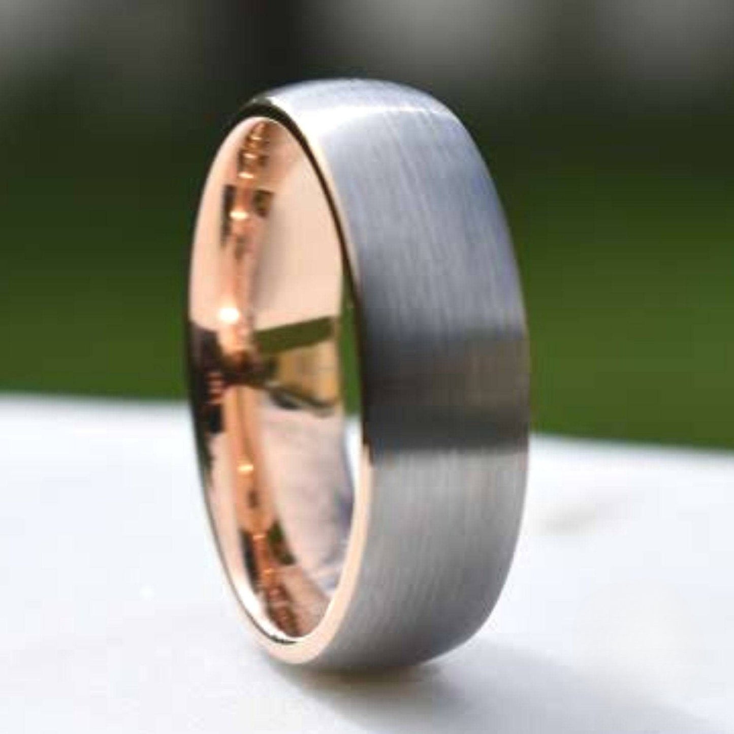 Tungsten Ring 8mm Brushed Silver with Rose Gold Comfort fit band