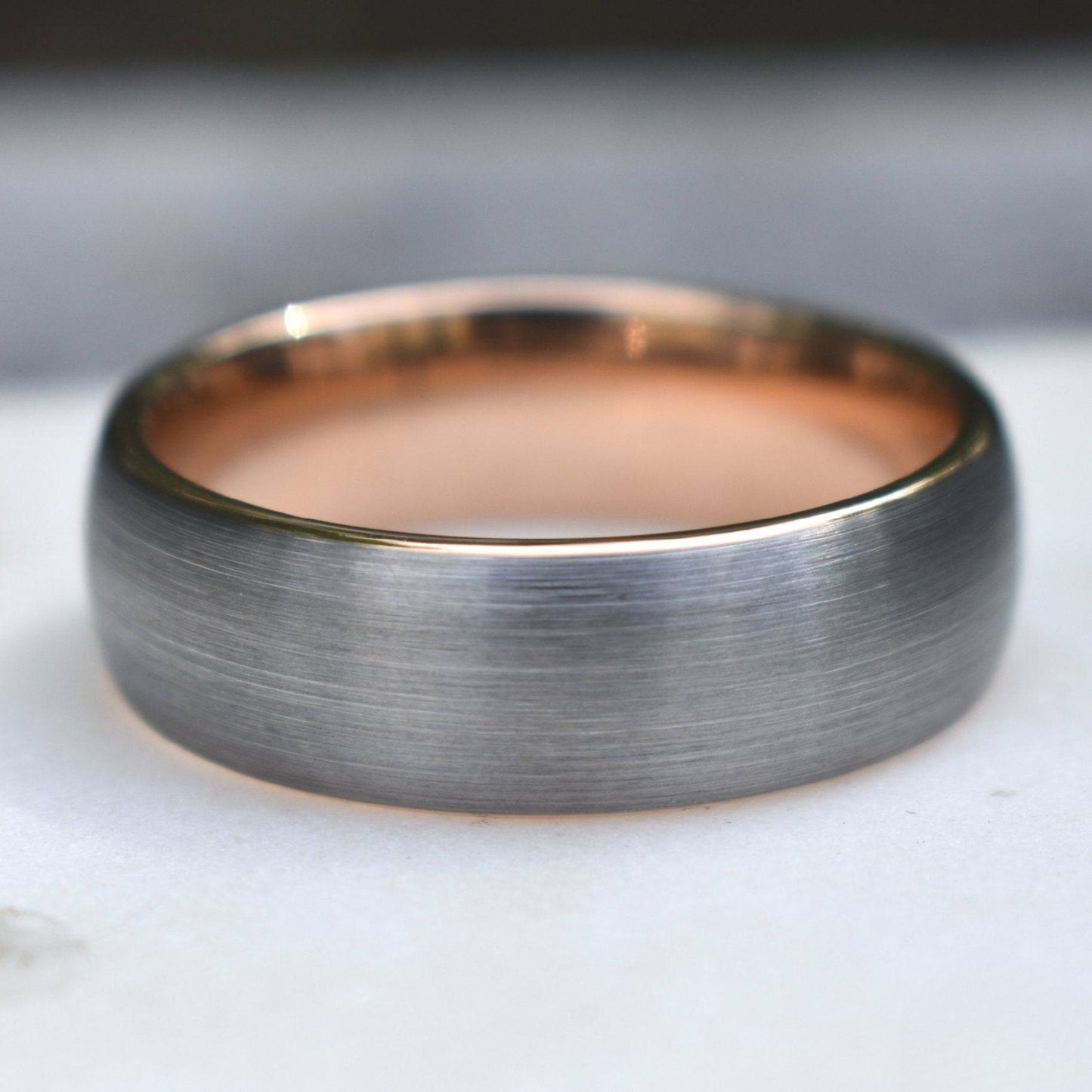 Tungsten Ring 8mm Brushed Silver with Rose Gold Comfort fit band