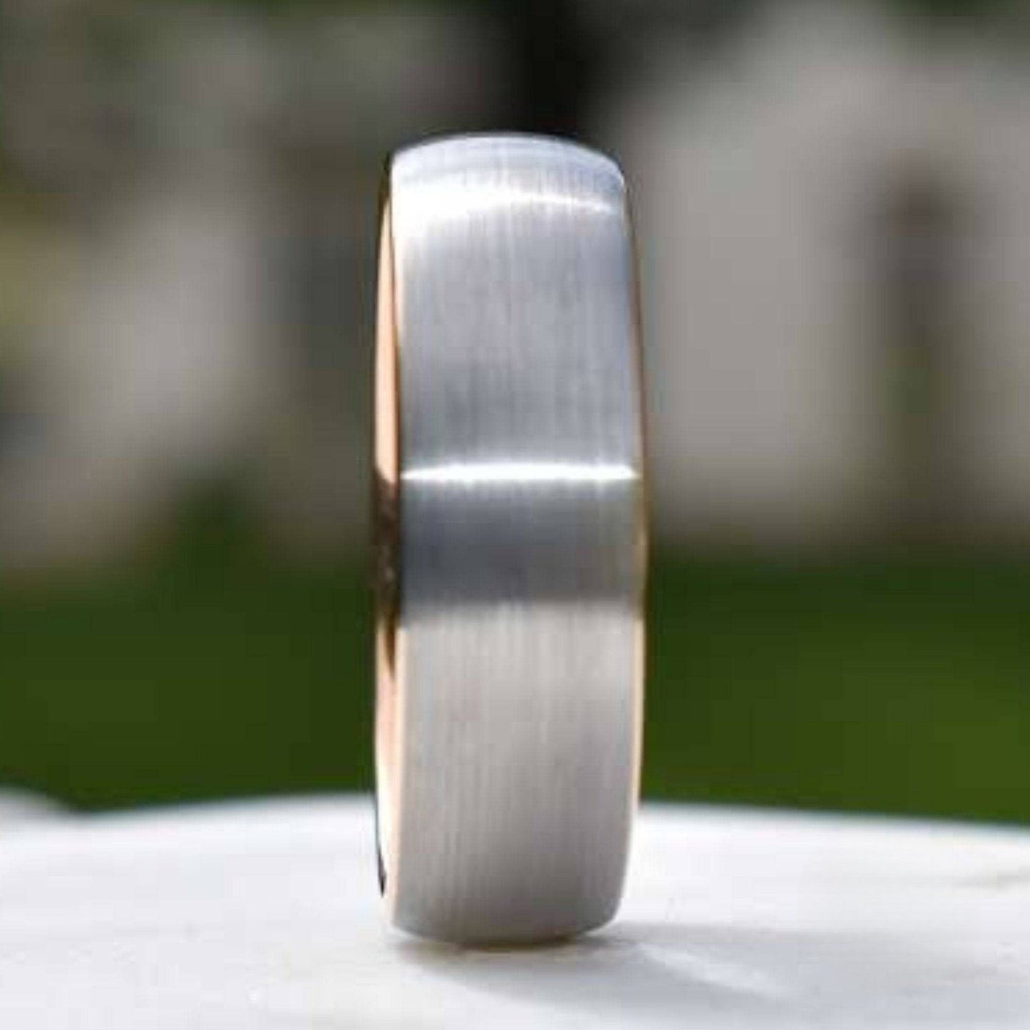 Tungsten Ring 8mm Brushed Silver with Rose Gold Comfort fit band