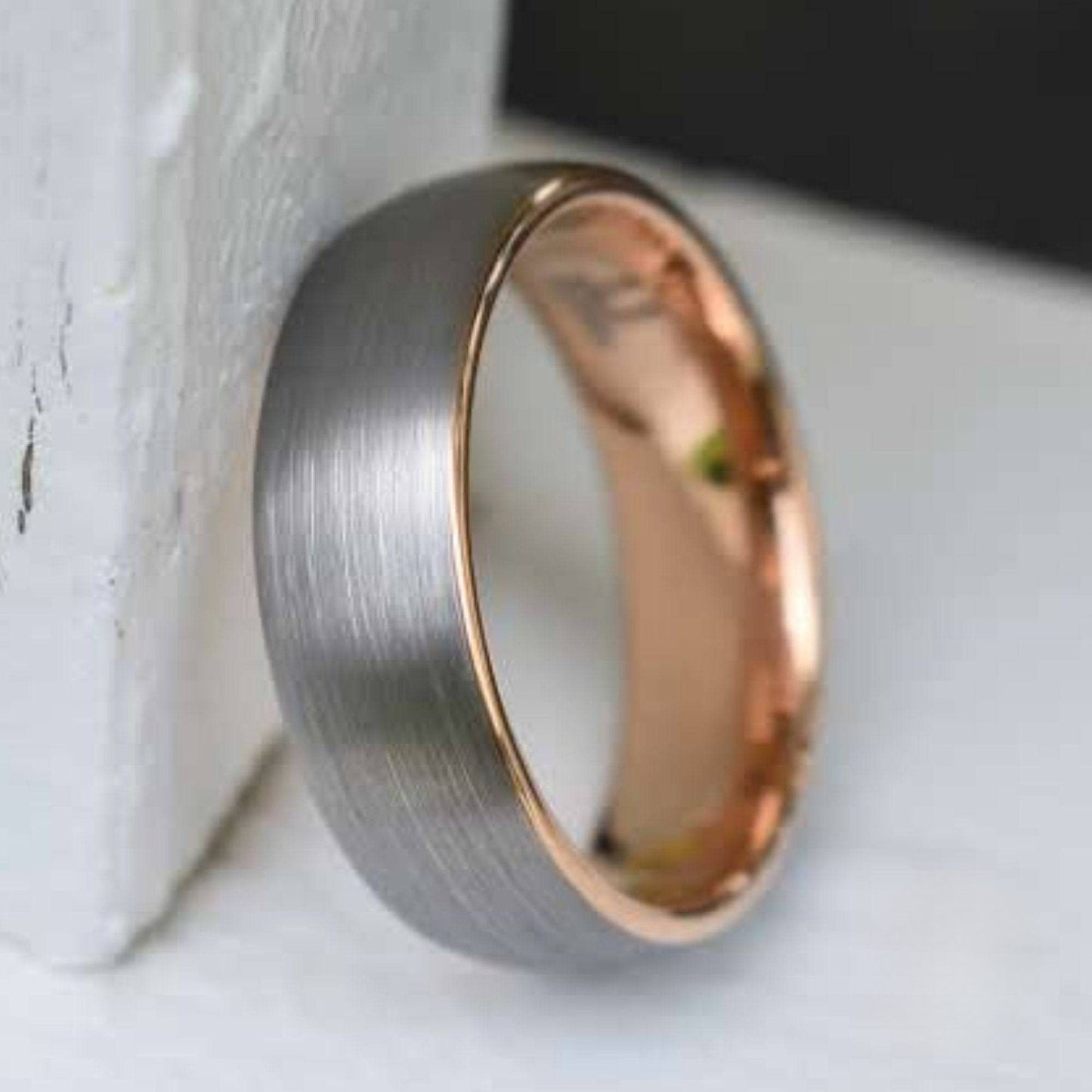 Tungsten Ring 8mm Brushed Silver with Rose Gold Comfort fit band