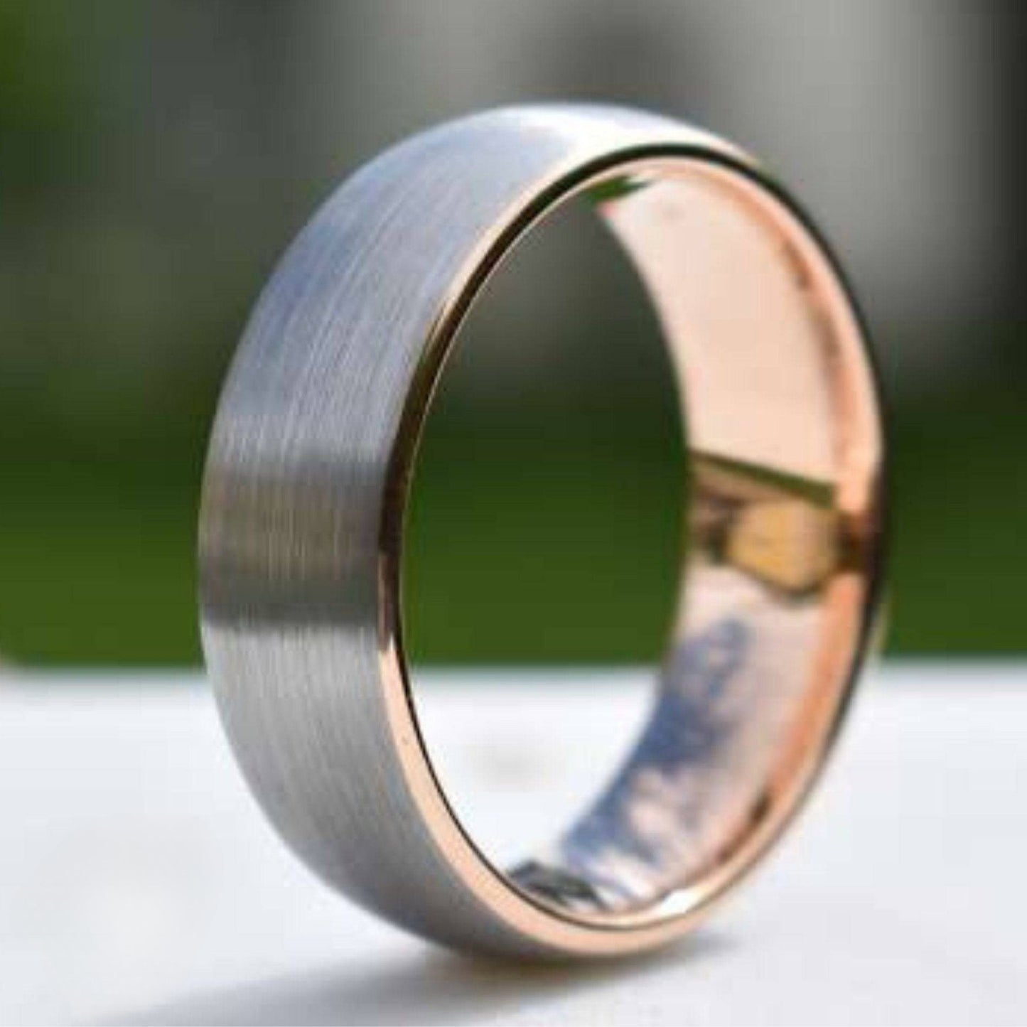 Tungsten Ring 8mm Brushed Silver with Rose Gold Comfort fit band