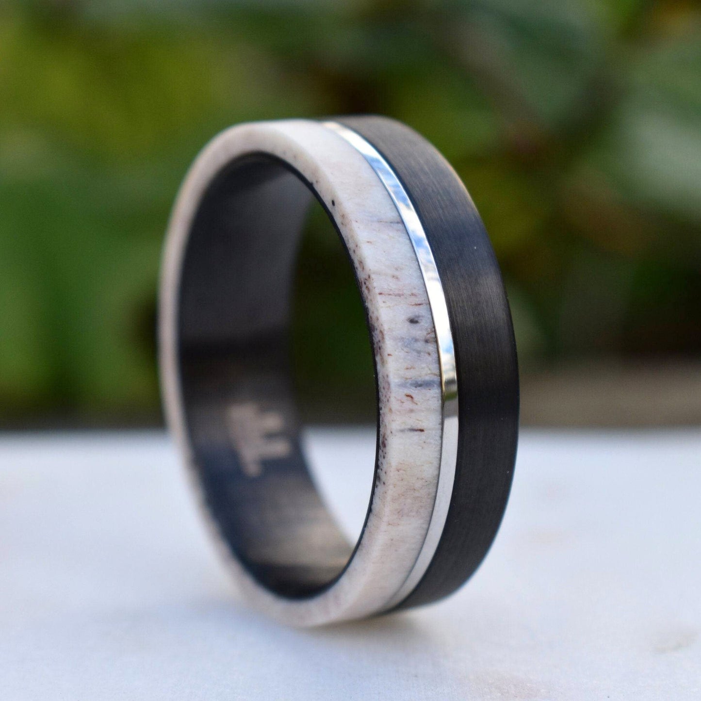 Deer Antler and Brushed Black Tungsten Ring with Polished Silver Tungsten Center