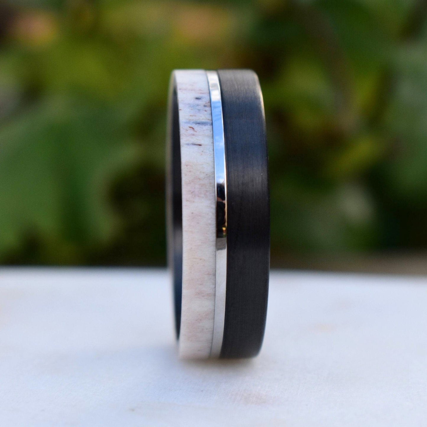 Deer Antler and Brushed Black Tungsten Ring with Polished Silver Tungsten Center