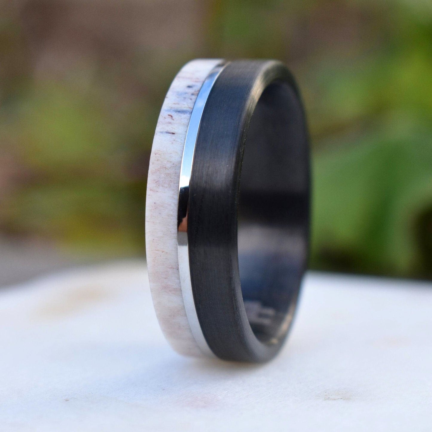 Deer Antler and Brushed Black Tungsten Ring with Polished Silver Tungsten Center