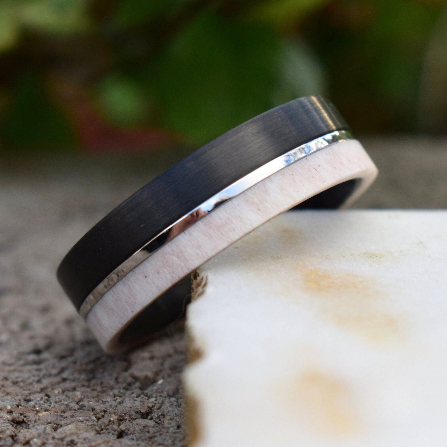 Deer Antler and Brushed Black Tungsten Ring with Polished Silver Tungsten Center