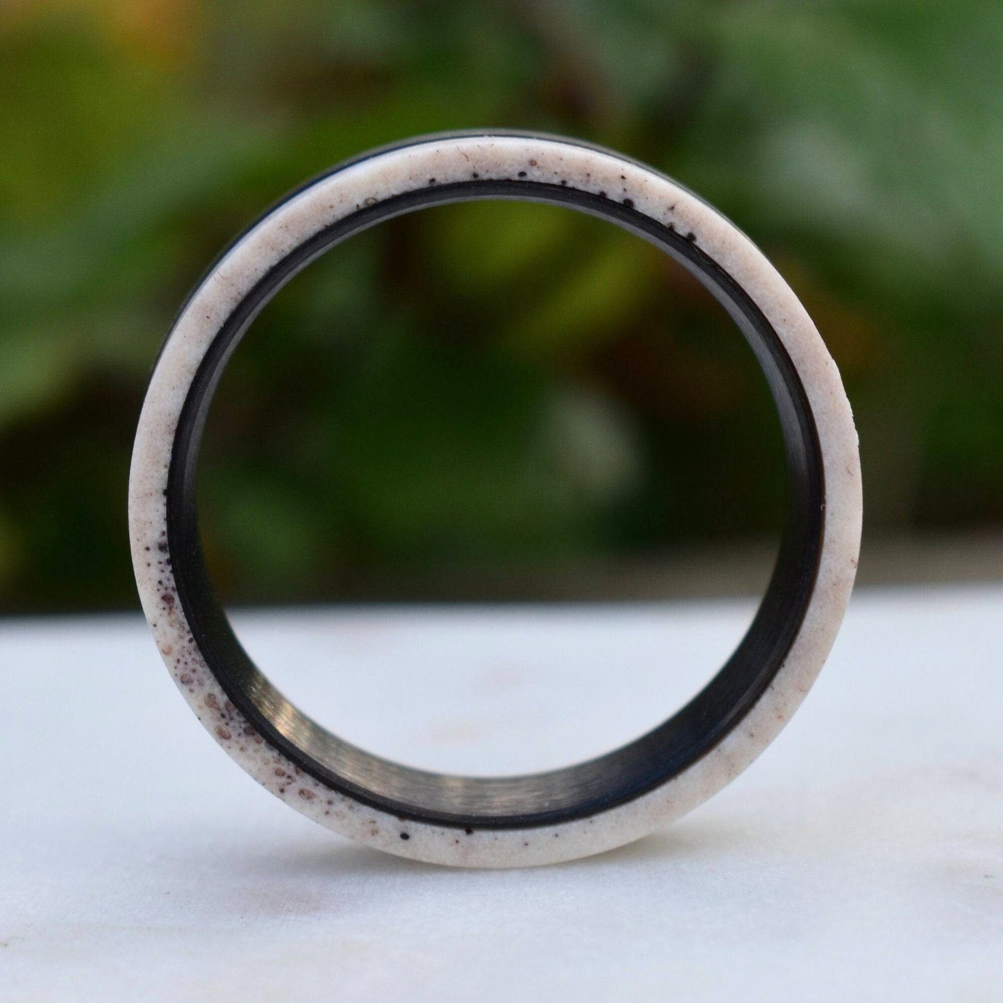 Deer Antler and Brushed Black Tungsten Ring with Polished Silver Tungsten Center