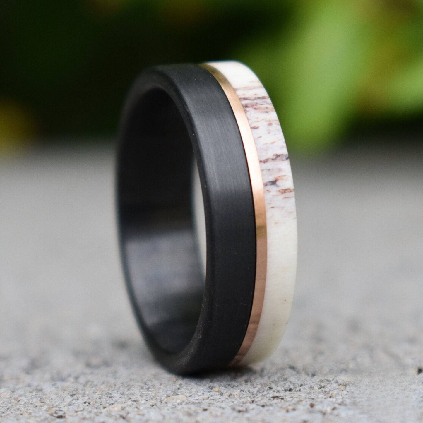 Deer Antler and Brushed Black 8mm Tungsten Ring with Rose Gold Center