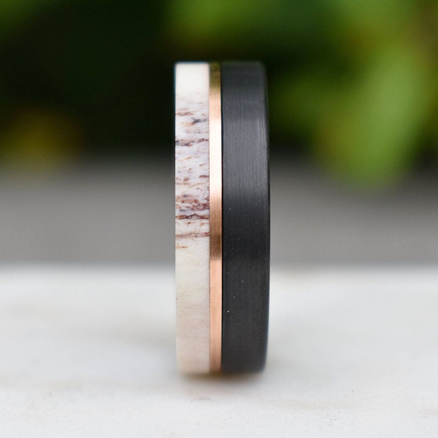 Deer Antler and Brushed Black 8mm Tungsten Ring with Rose Gold Center