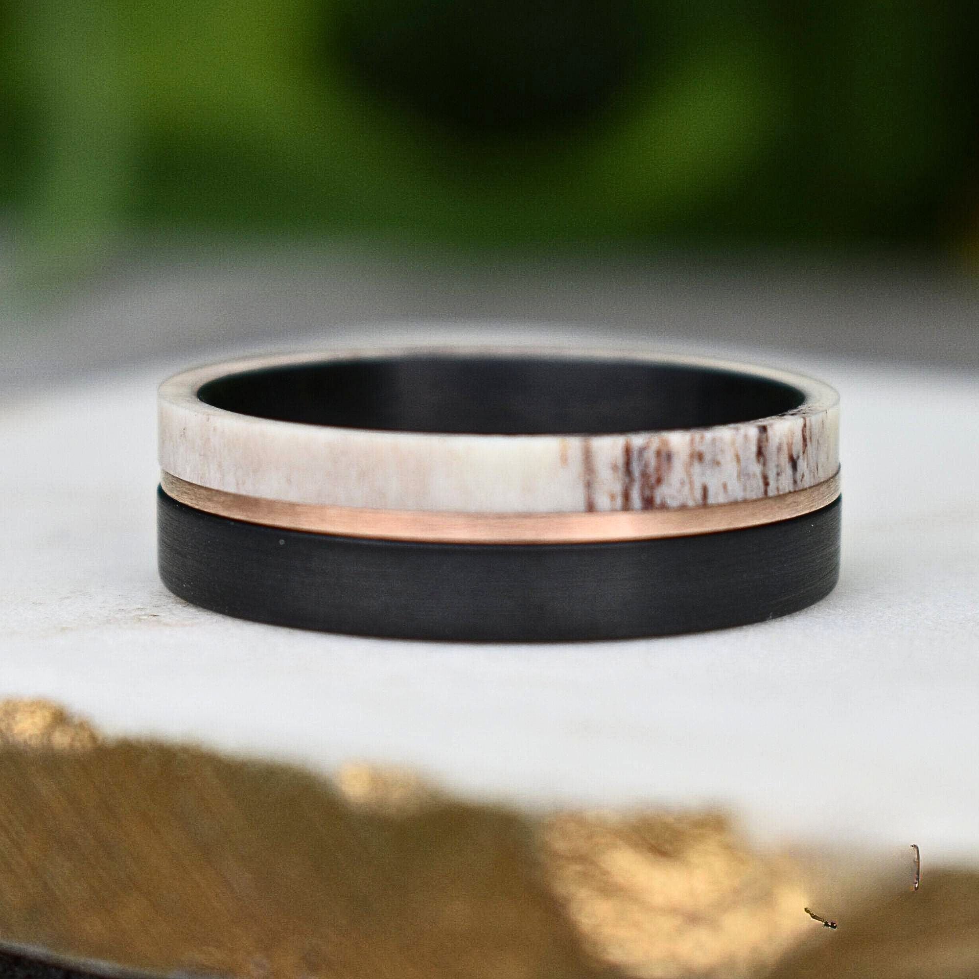 Deer Antler and Brushed Black 8mm Tungsten Ring with Rose Gold Center - Tungsten Titans