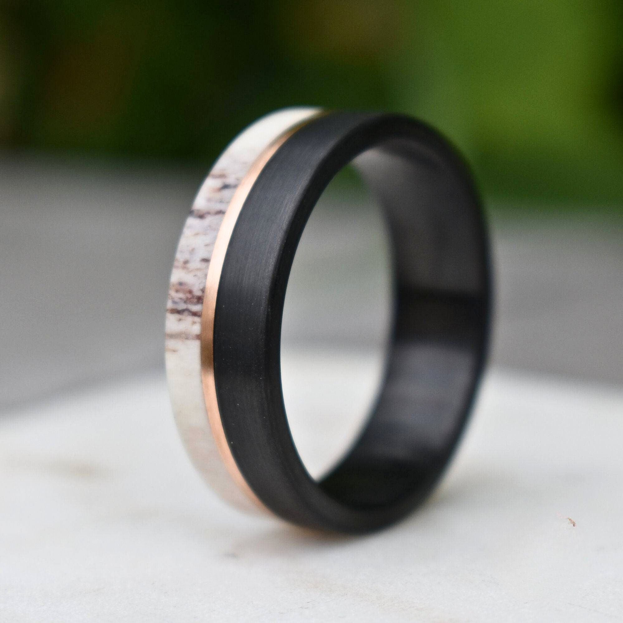 Deer Antler and Brushed Black 8mm Tungsten Ring with Rose Gold Center - Tungsten Titans