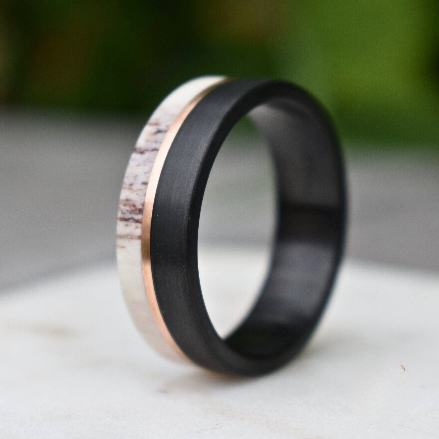 Deer Antler and Brushed Black 8mm Tungsten Ring with Rose Gold Center