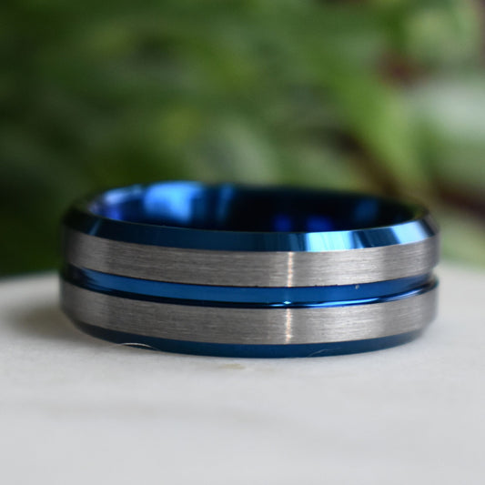 Tungsten 8mm Ring Blue with Silver Accent Stripes - Tungsten Titans