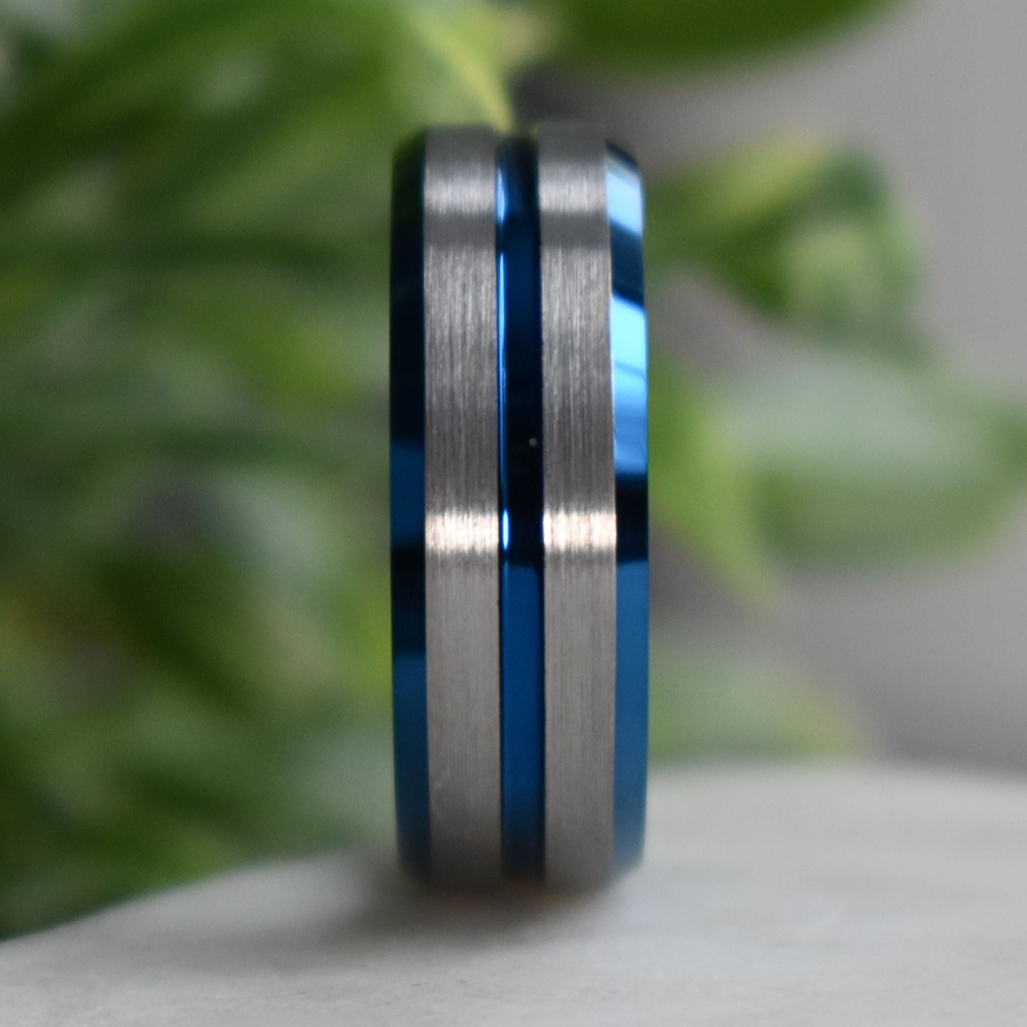 Tungsten 8mm Ring Blue with Silver Accent Stripes - Tungsten Titans