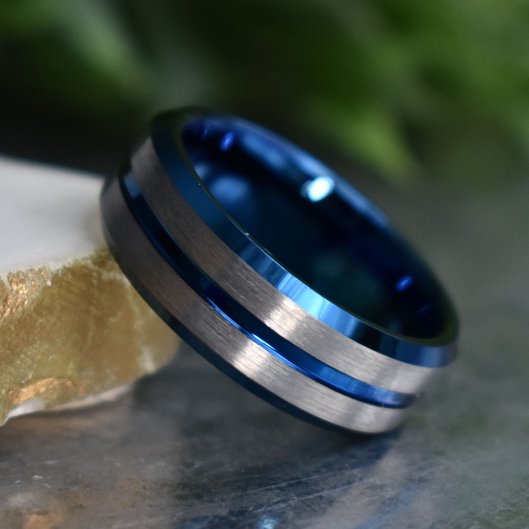 Tungsten 8mm Ring Blue with Silver Accent Stripes - Tungsten Titans