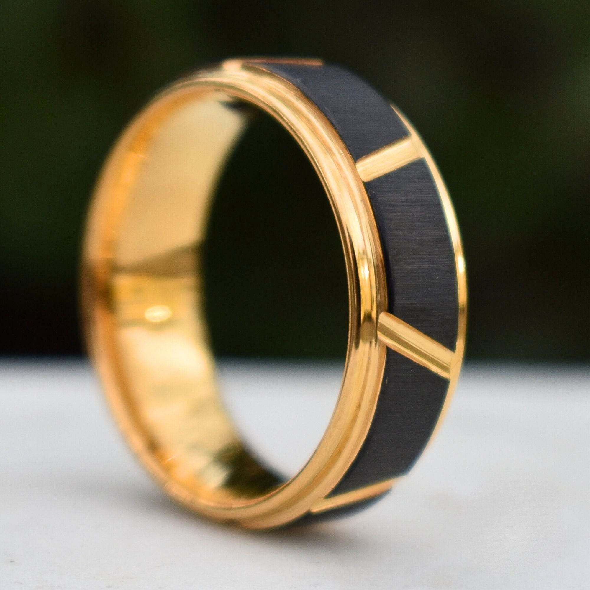 Tungsten 8mm Ring Gold With Raised Black Center Design - Tungsten Titans