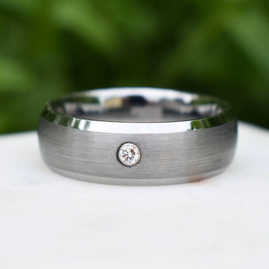 Silver Tungsten Ring with Simulated Diamond