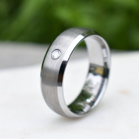Silver Tungsten Ring with Simulated Diamond - Tungsten Titans