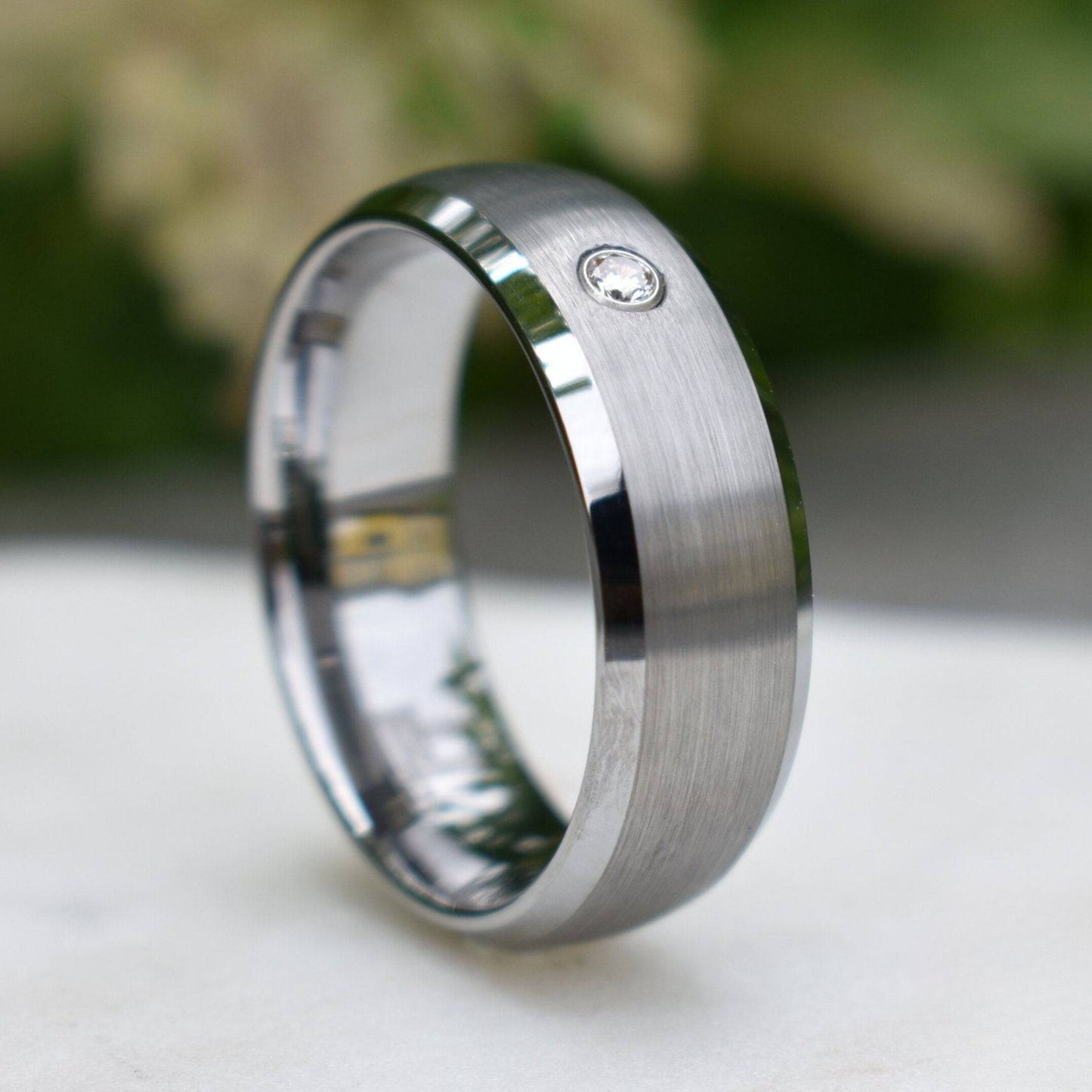 Silver Tungsten Ring with Simulated Diamond