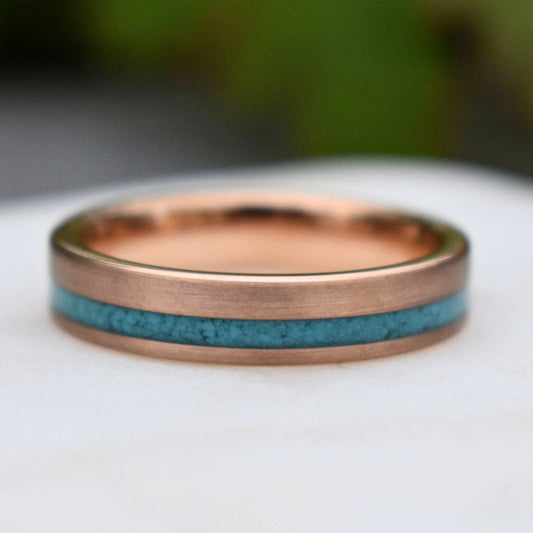 Tungsten 5mm Ring Rose Gold with Crushed Turquoise Wedding Band