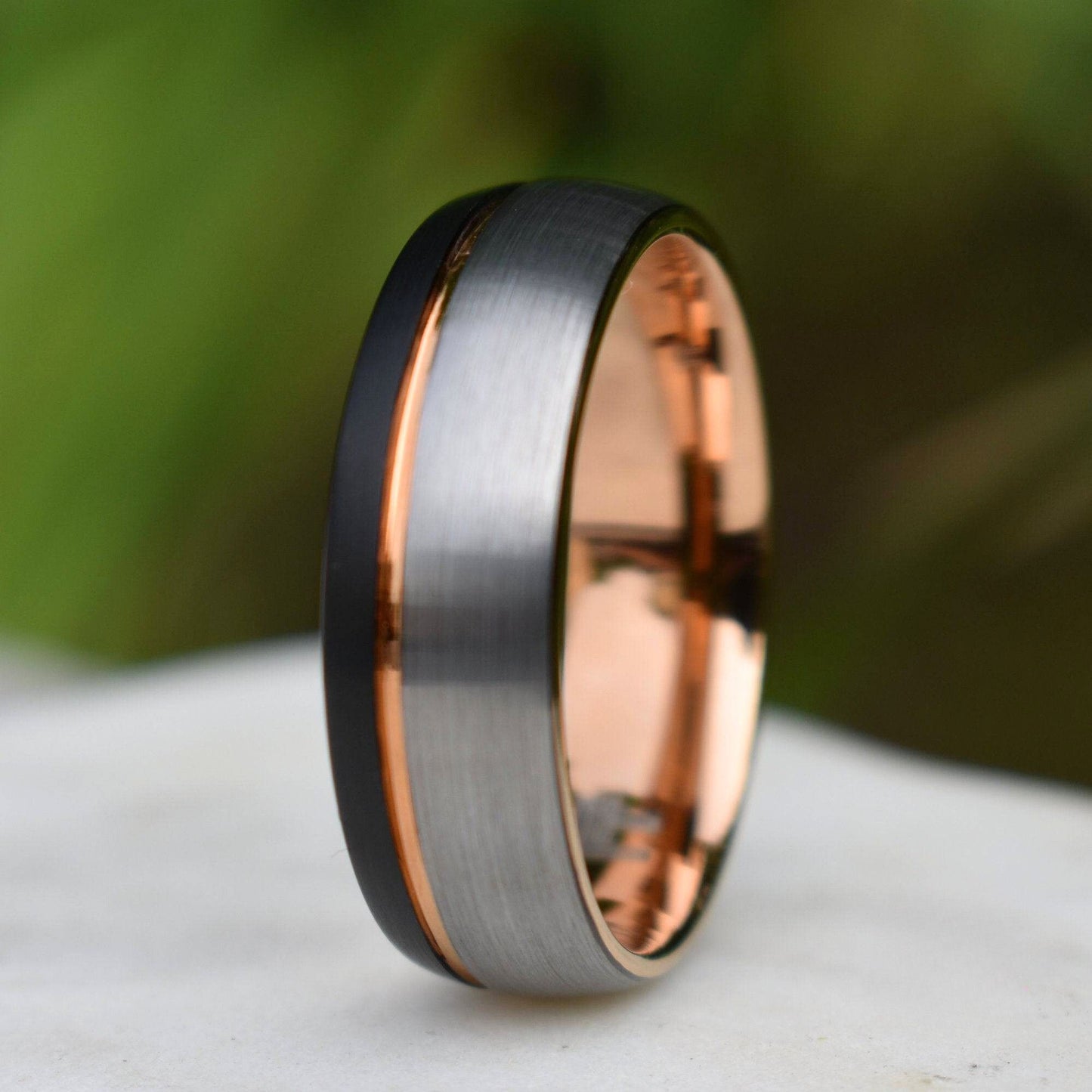 Domed 8mm Tungsten Ring Black and Silver Brushed with Rose Gold Accent