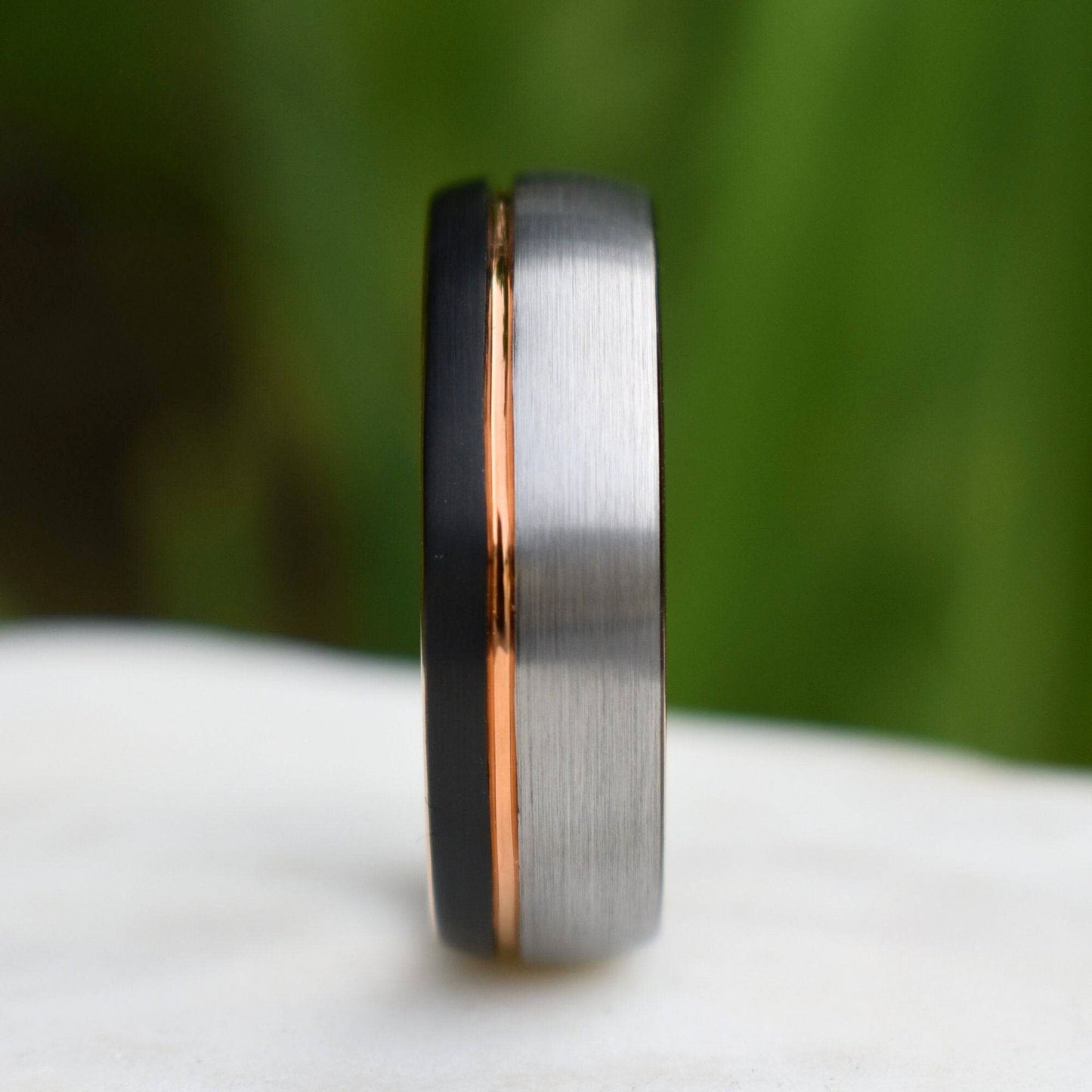 Domed 8mm Tungsten Ring Black and Silver Brushed with Rose Gold Accent