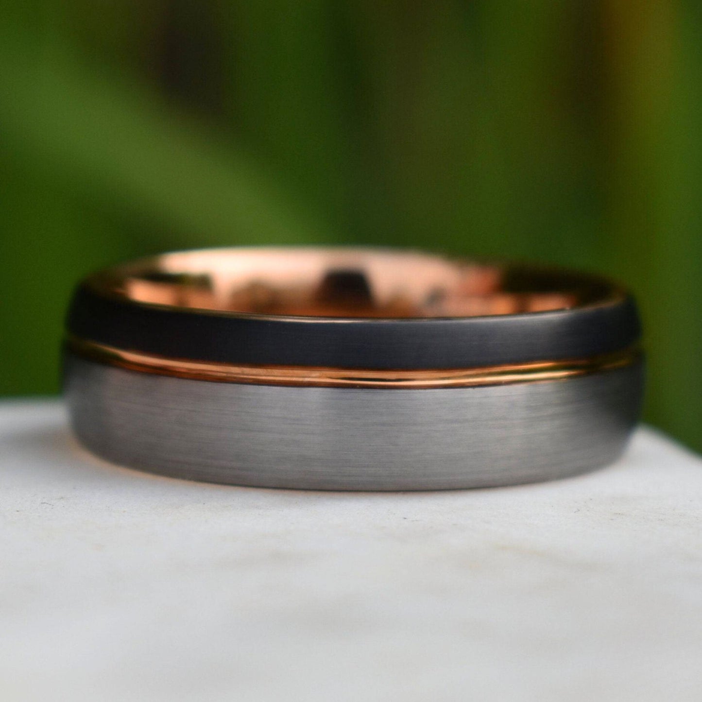 Domed 8mm Tungsten Ring Black and Silver Brushed with Rose Gold Accent