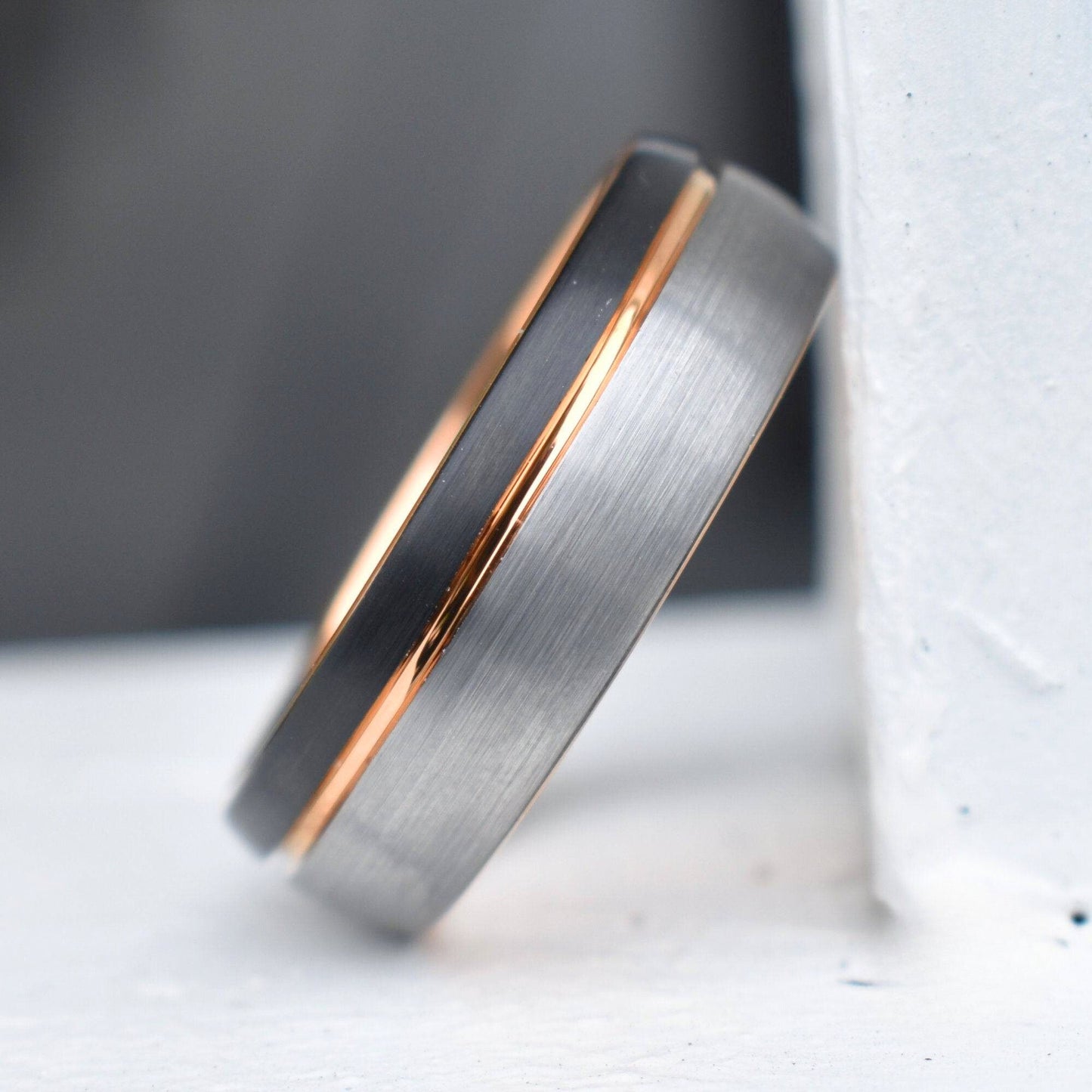 Domed 8mm Tungsten Ring Black and Silver Brushed with Rose Gold Accent