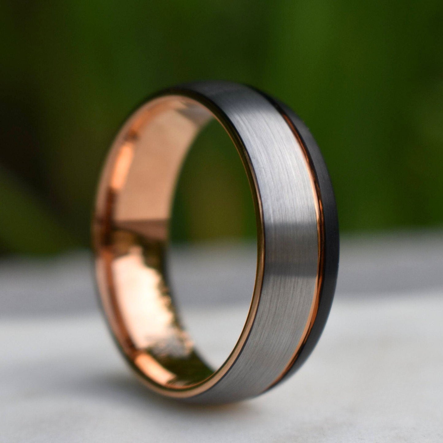 Domed 8mm Tungsten Ring Black and Silver Brushed with Rose Gold Accent