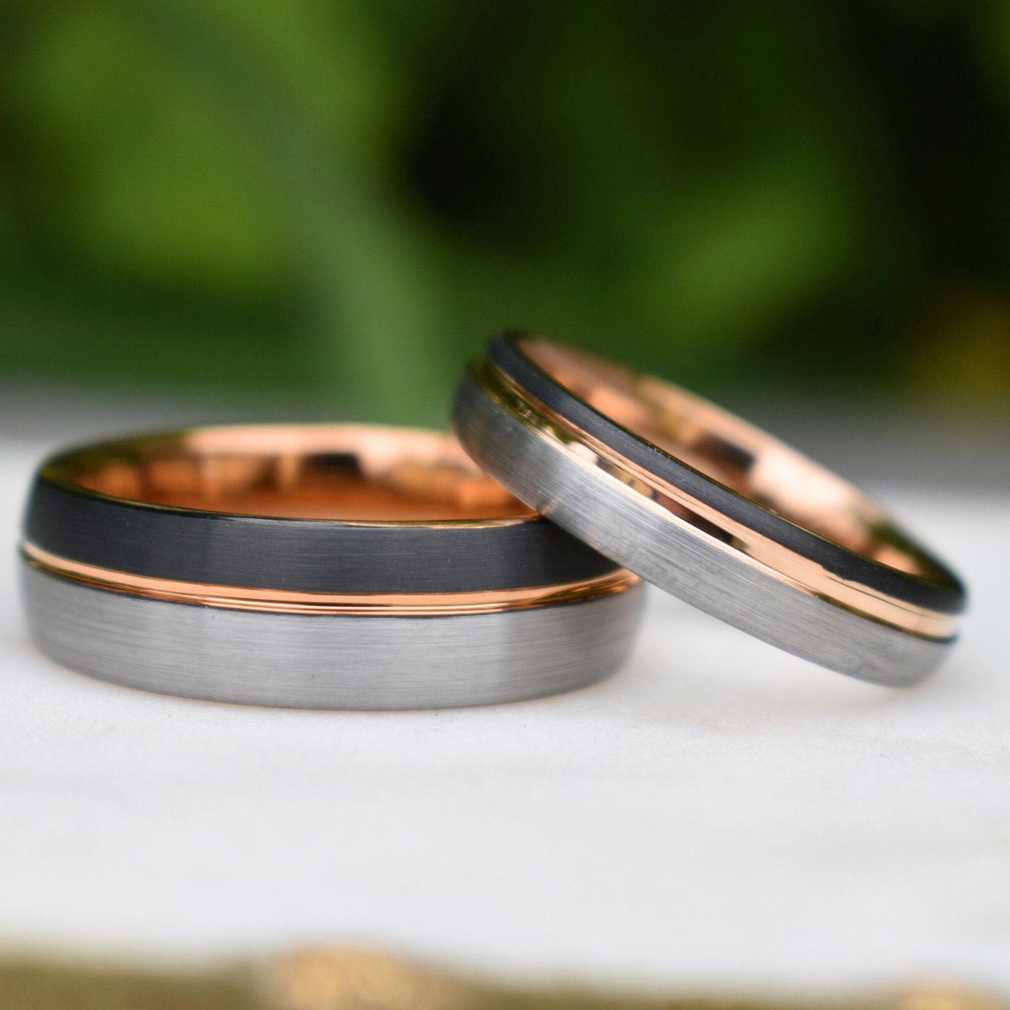 Domed 8mm Tungsten Ring Black and Silver Brushed with Rose Gold Accent